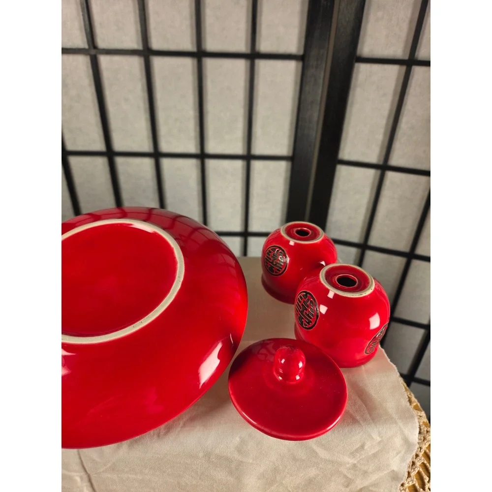 Red Double Happiness Ceramic Tea Set Teapot and 4 Cups Chinese Wedding Decor